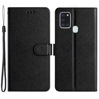 Silk Texture Case for Samsung Galaxy A21s Folio Flip Leather Wallet Stand Shell with Hand Strap