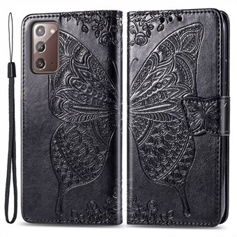 For Samsung Galaxy Note20 / Note20 5G PU Leather Wallet Case Imprinted Butterfly Pattern Shockproof Phone Stand Cover with Strap