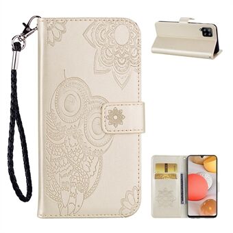 Imprint Owl Flower Leather Case with Wallet Stand Protective Shell for Samsung Galaxy A42 5G