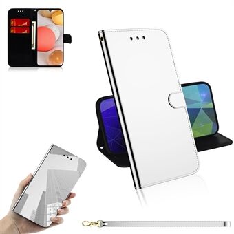 Wallet Design Mirror-like Surface Leather Case with Stand + Wrist Strap for Samsung Galaxy A42 5G