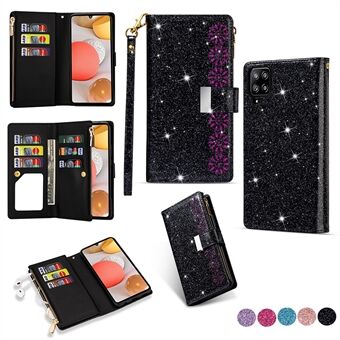 Glittery Starry Style Laser Carving Zipper Leather Smartphone Case for Samsung Galaxy A42 5G