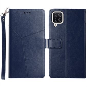 Imprinted Y-shaped Line Anti-scratch Leather Phone Shell Stand Cover with Lanyard for Samsung Galaxy A42 5G