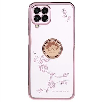 For Samsung Galaxy A42 5G Flower Pattern TPU Phone Case Electroplating Rhinestone Ring Kickstand Cover