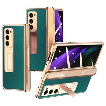 Anti-drop PU Leather Coated TPU + PC Phone Case Cross Texture Electroplating Hinge Protective Cover with Tempered Glass Screen Protector for Samsung Galaxy Z Fold2 5G