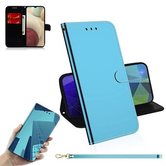 Mirror-like Surface Wallet Design Leather Stand Case with Wrist Strap for Samsung Galaxy A12