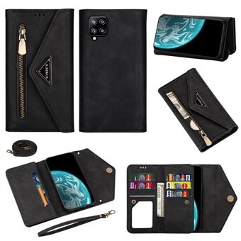 Zipper Wallet Leather Shell Stand Phone Cover with Short + Long Strap for Samsung Galaxy A12