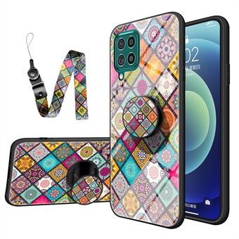 Colorful Flower Print Glass Hybrid Phone Case Protector with Stand Lanyard for Samsung Galaxy A12