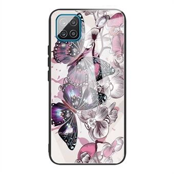 Anti-Scratch Pattern Printing Tempered Glass Back Cover + TPU Frame Hybrid Shell Slim Case for Samsung Galaxy A12