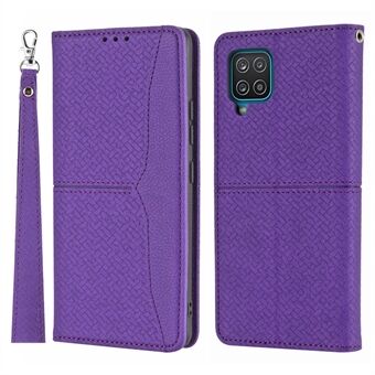 Woven Texture Wallet Stand Auto-Absorbed Leather Case with Handy Strap for Samsung Galaxy A12