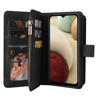 Multiple Card Slots Phone Protective Shell with Zipper Pocket Skin-touch Feel Leather Stand Wallet Case for Samsung Galaxy A12