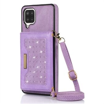 For Samsung Galaxy A12 Rhinestone Decor Wallet Phone Case with Shoulder Strap, Kickstand RFID Blocking PU Leather Coated TPU Shell