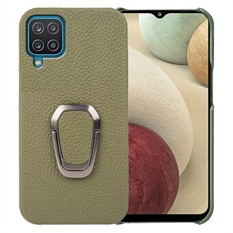 Anti-drop Phone Case for Samsung Galaxy A12, Litchi Texture Genuine Leather Coated PC Back Cover with Ring Kickstand