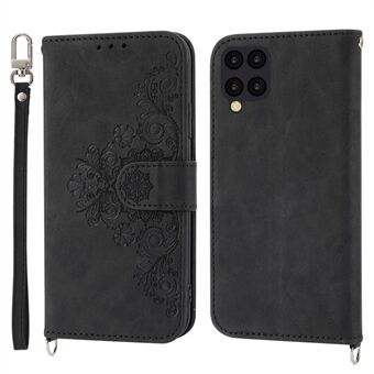 For Samsung Galaxy A12 Imprinted Flowers PU Leather Skin-touch Stand Phone Case Multiple Card Slots Wallet Cover with Wrist Strap and Shoulder Strap