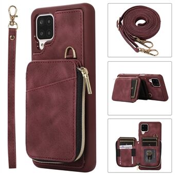 For Samsung Galaxy A12 Card Holder Slots Zipper Pocket Case PU Leather Coated TPU Kickstand Phone Cover