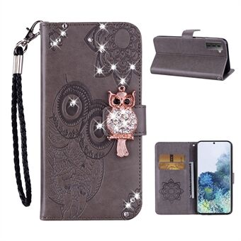 Owl Imprint Rhinestone Decor Leather Phone Case for Samsung Galaxy S21 5G