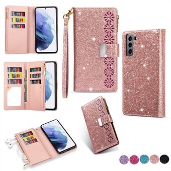 Glittery Starry Style Laser Carving Zipper Leather Case with Lanyard for Samsung Galaxy S21 5G