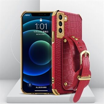 6D Crocodile Texture PU Leather Coated TPU Electroplated Phone Case with Wrist Strap for Samsung Galaxy S21 5G