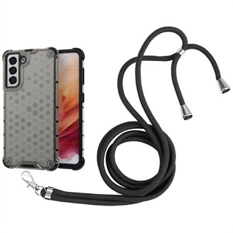 Four Corners Heighten and Thickened Honeycomb Design Phone Case with Adjustable Lanyard for Samsung Galaxy S21 5G