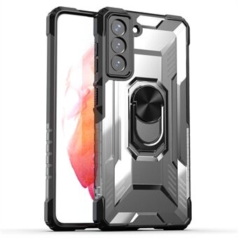 RUGGED SHIELD Armor Built-in Magnetic Holder Metal Sheet Kickstand Design Anti-fingerprint PC+TPU Case for Samsung Galaxy S21 5G