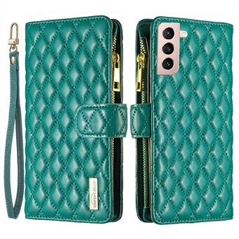 BINFEN COLOR BF Style-15 for Samsung Galaxy S21 4G / 5G Rhombus Pattern Imprinted Matte PU Leather TPU Case Stand Wallet Zipper Pocket Phone Shell Protector