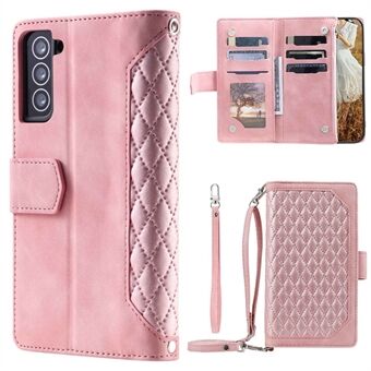 005 Style for Samsung Galaxy S21 4G / 5G, Shockproof Wallet Case Rhombus Texture Zipper Pocket PU Leather Anti-fall Phone Cover Stand