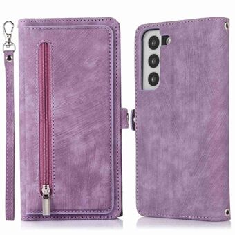 For Samsung Galaxy S21 5G PU Leather Zipper Flip Folio Wallet Case Multi-Functional 9 Card Holder Stand Cover with Wrist Strap