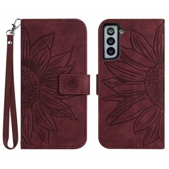 Flip Leather Wallet Case For Samsung Galaxy S21 4G / 5G, HT04 Imprinted Sunflower Skin-Touch Stand Magnetic Closure Protective Phone Cover with Strap