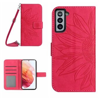 For Samsung Galaxy S21 5G / 4G HT04 PU Leather Imprinted Sunflower Case Stand Wallet Skin-touch Shockproof Phone Cover with Shoulder Strap