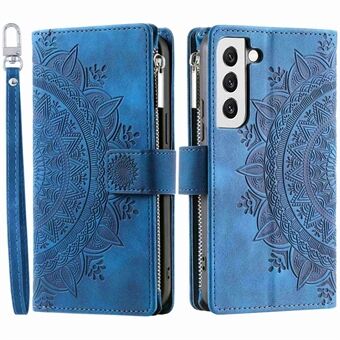 For Samsung Galaxy S21 5G Mandala Flower Imprinted Full Coverage PU Leather Phone Cover Stand with Multiple Card Slots Zipper Pocket Wallet Case