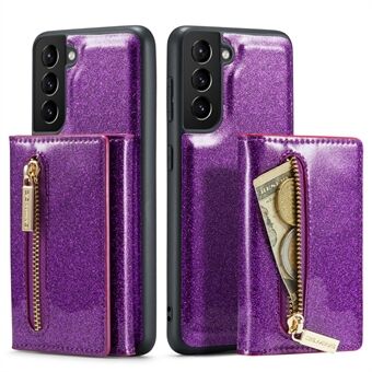 DG.MING M3 Series For Samsung Galaxy S21 4G / 5G 2-in-1 Glittery PU Leather Coated PC+TPU Anti-drop Back Case Magnetic Detachable Zipper Wallet Phone Cover with Kickstand