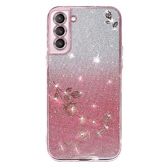 For Samsung Galaxy S21 5G Dustproof Phone Cover Flower Pattern Decor Rhinestone Design Glitter Powder Gradient Color TPU Smartphone Case