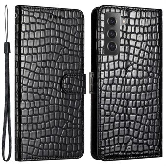 For Samsung Galaxy S21 4G / 5G Well-protected Stand Cover Crocodile Texture Leather Wallet Phone Case with Strap