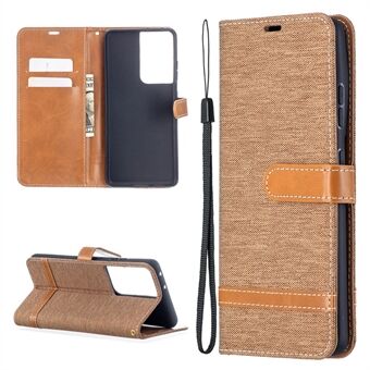 Color Splicing Jeans Cloth Skin Wallet Leather Phone Shell for Samsung Galaxy S21 Ultra 5G