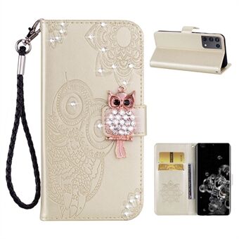 Owl Imprint Rhinestone Decor Leather Phone Case for Samsung Galaxy S21 Ultra 5G