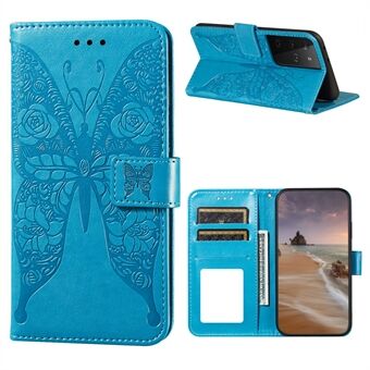 For Samsung Galaxy S21 Ultra 5G Roses Butterfly Imprinting Pattern Leather Wallet Stand Case