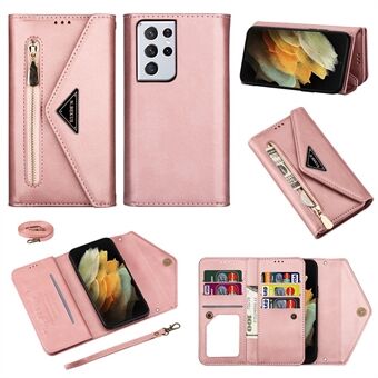 Zipper Wallet Design Leather Stand Phone Cover Shell with Short + Long Strap for Samsung Galaxy S21 Ultra 5G