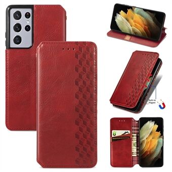 Fashionable Auto-absorbed Rhombus Texture PU Leather Wallet Phone Cover for Samsung Galaxy S21 Ultra 5G