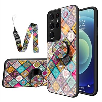 Colorful Flower Print Glass Hybrid Phone Case Protector with Stand Lanyard for Samsung Galaxy S21 Ultra 5G