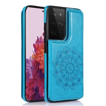 Imprint Mandala Flower Kickstand for Samsung Galaxy S21 Ultra 5G PU Leather + TPU Hybrid Case