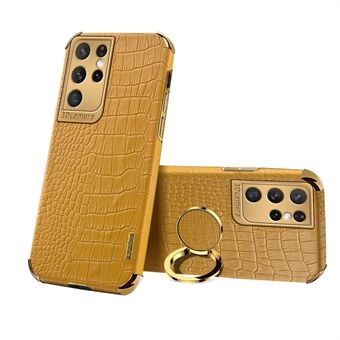 Crocodile Texture PU Leather Design + TPU Electroplating Precise Cutout Phone Cover with Ring Holder for Samsung Galaxy S21 Ultra 5G