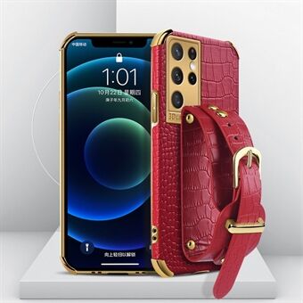 Kickstand Design 6D Electroplated Crocodile Texture PU Leather Coated TPU Phone Case with Hand Band Strap for Samsung Galaxy S21 Ultra 5G