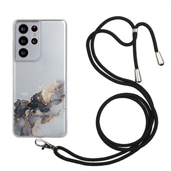 Well-Protected Marble Pattern Soft TPU Case with Lanyard for Samsung Galaxy S21 Ultra 5G