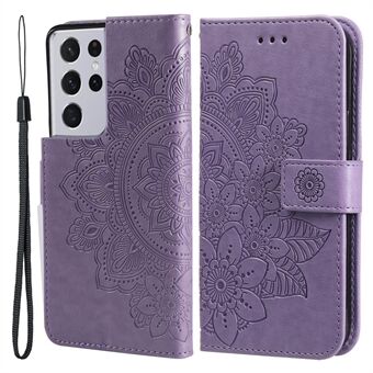 PU Leather Wallet Phone Case [Imprint Flowers Pattern] with Lanyard for Samsung Galaxy S21 Ultra 5G