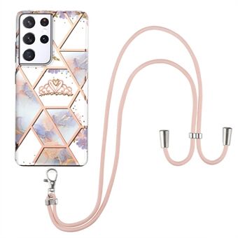 Marble Texture Pattern IMD Design Protective Anti Scratch Slim Flexible Electroplating TPU Case with Lanyard for Samsung Galaxy S21 Ultra 5G