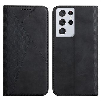 Auto-absorbed Skin-touch Feeling Rhombus Imprint Full-Protection Leather Wallet Cell Phone Stand Cover Shell for Samsung Galaxy S21 Ultra 5G