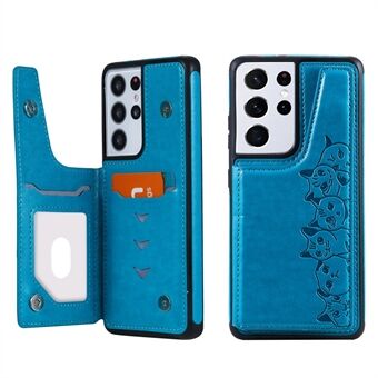 Anti Fall Kickstand Card Slot Design PU Leather Coated TPU Hybrid Phone Case Shell with Imprinted Cat Head for Samsung Galaxy S21 Ultra 5G