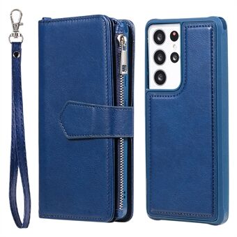 Zipper Pocket Detachable 2-in-1 PU Leather Wallet Stand Phone Cover Case with Strap for Samsung Galaxy S21 Ultra 5G