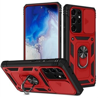 Camera Slider Design Anti-Fall Shockproof Hard PC Shield Soft TPU Phone Cover with Metal Kickstand for Samsung Galaxy S21 Ultra 5G