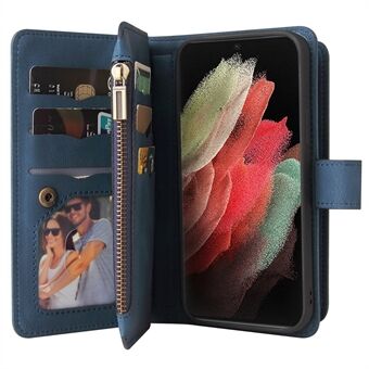 TPU Frame + Leather Flip Case Skin-touch Feel Phone Cover with Zipper Pocket and Multiple Card Slots for Samsung Galaxy S21 Ultra 5G