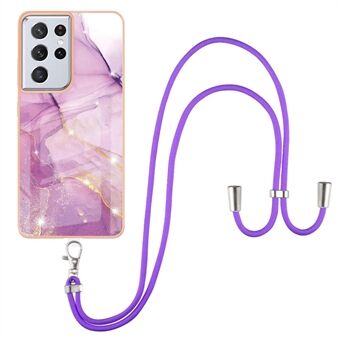 Marble Pattern Soft TPU IMD Anti-Fall Protective Electroplated Case with Lanyard for Samsung Galaxy S21 Ultra 5G